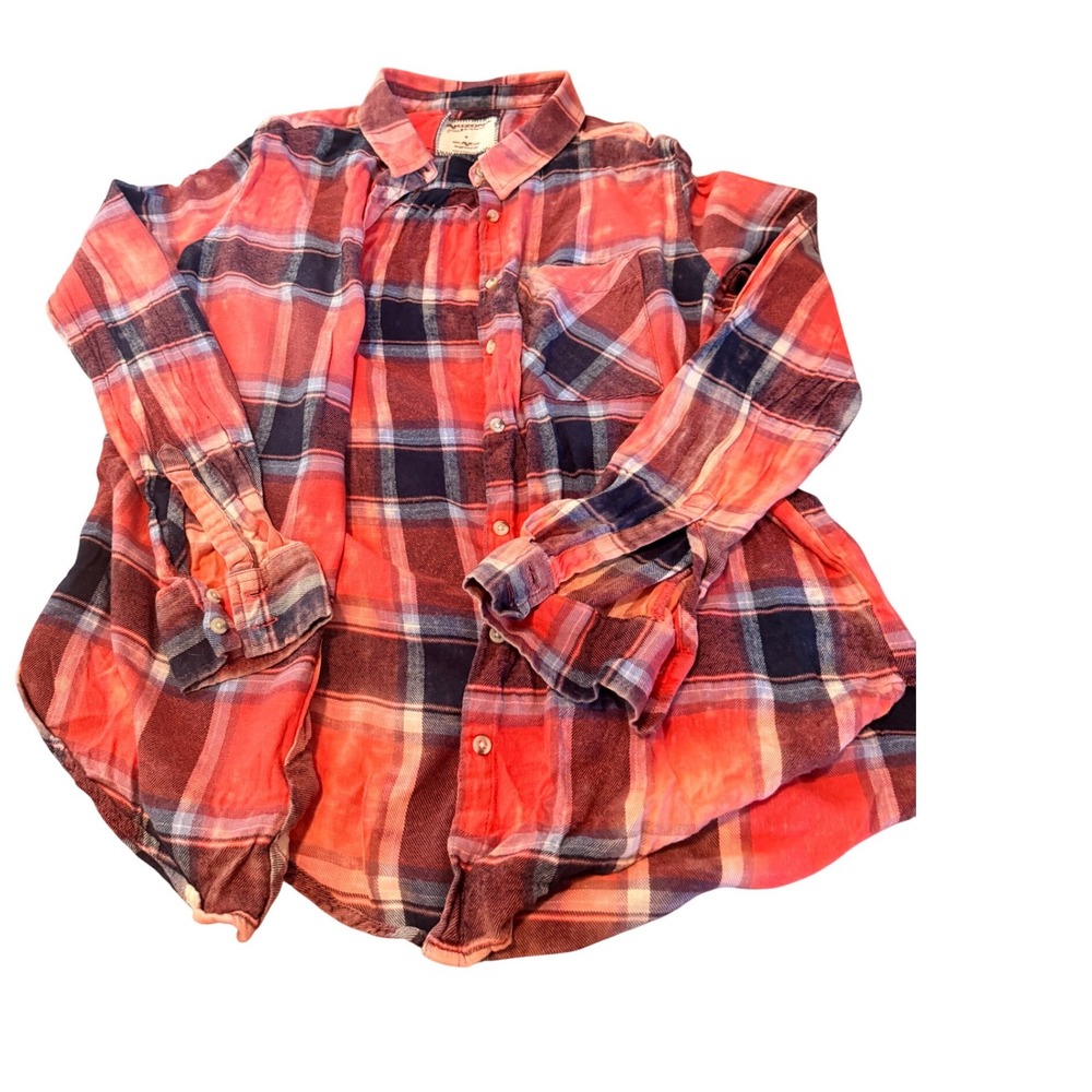 Arizona Jean Co Womens Orange Plaid Boyfriend Fit Flannel Button Down Shirt M